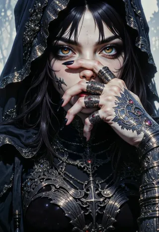 A powerful gothic sorceress with piercing amber eyes partially covers her face with a hand adorned with ornate silver rings and dark mystical tattoos, wearing a black velvet dress decorated with occult patterns and intricate silver jewelry.