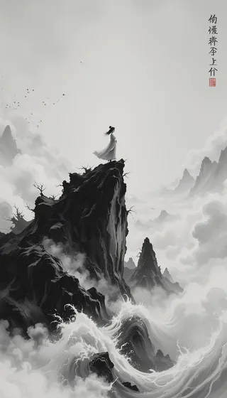 A monochrome Chinese ink wash painting depicting a lone princess standing on a jagged cliff peak emerging from a swirling sea of clouds, inspired by Zen Buddhist ink technique.