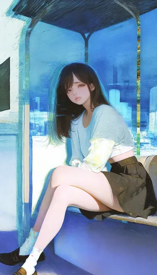 A young woman with a realistic face wearing a crop top and skirt sits with legs crossed at a bus stop in a city setting, depicted in a surreal and abstract watercolor style.