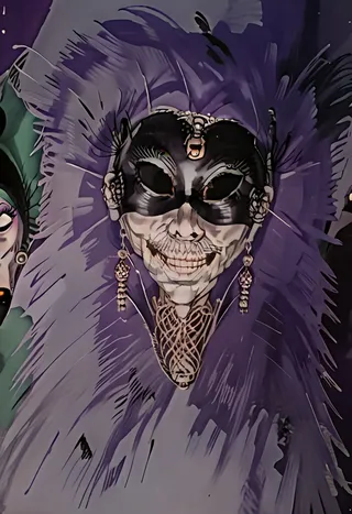 Illustration of a mature female with purple skin wearing a mysterious Venetian carnival mask and luxurious purple feathers, in a macabre horror pulp art style.