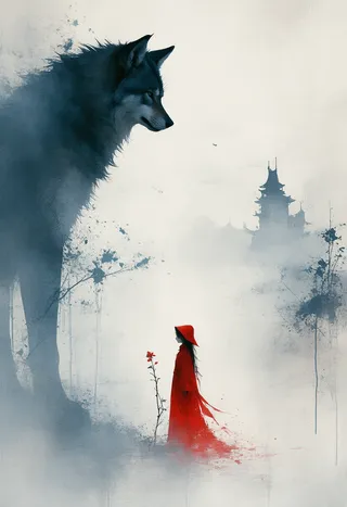Minimalist digital illustration of a towering wolf facing a girl in a flowing red hood, holding a single red flower, set against a misty backdrop with faint pagoda silhouettes.