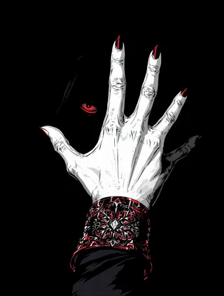A pale gothic-styled hand with red-tipped nails and an ornate metal bracelet reaching forward from deep black shadows, with a glowing red eye visible in the background.