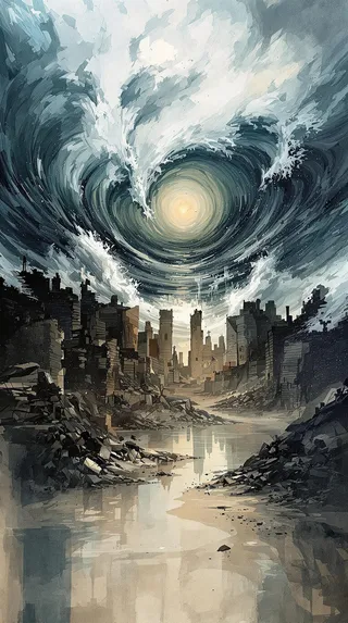 Surreal double exposure hand-painted sketch showing roiling storm waves swirling above a devastated dystopian city ruins reflected in water below.