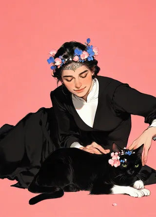 A woman with dark short hair wearing a black dress and flower wreath gently pets a black cat adorned with a matching flower wreath, set against a pink background.