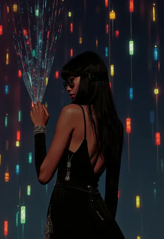 Side rear view of a seductive woman with long black hair and sunglasses wearing a black backless dress, holding transparent decorative elements against a dark background with colorful hanging lanterns.