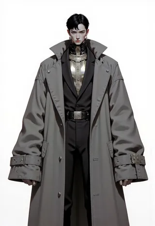 A man wearing high-fashion futuristic formalwear with an oversized gray coat, metallic collar, and monochrome black and gray palette on a white gradient background.
