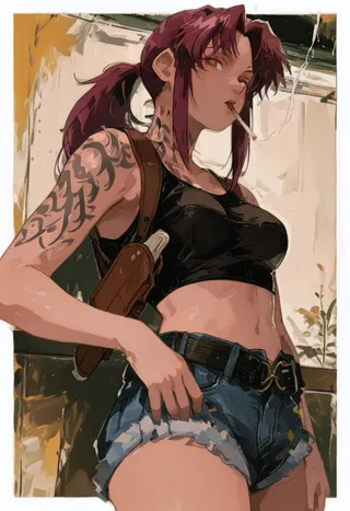 Artwork of Revy from Black Lagoon standing with burgundy hair in a ponytail, amber eyes, wearing a black crop top, denim shorts, holster, and displaying tattoos while smoking a cigarette.