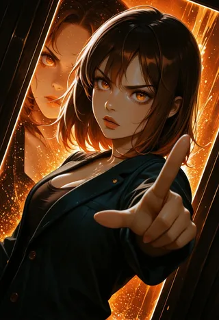 Photorealistic portrait of a woman with medium chestnut brown hair and amber eyes, striking a jojo pose while pointing forward, with dramatic orange lighting and graffiti background.