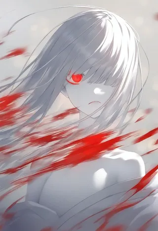 Portrait of a white-haired girl with one visible bright red eye, wearing an off-shoulder kimono, surrounded by dynamic red abstract splatters and a muted monochromatic background with bokeh and fog effects.