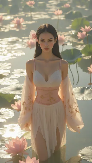 Japanese model standing waist-up in a lotus pond surrounded by pink lotus blossoms, wearing a sheer silk dress with gold embroidery and soft lighting.