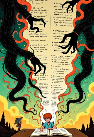 A young student sitting at a desk with an open book, surrounded by large black and orange paper tendrils emerging from an enormous sentient syllabus, blending manga cuteness with Victorian horror elements.