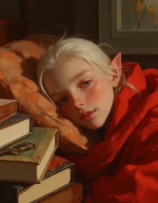 A young elf teen with white hair and blue eyes rests in a cozy bedroom wrapped in a warm red blanket, showing subtle braces with a peaceful, contented expression.