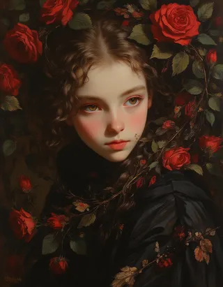 Oil painting styled folk art portrait of a fragile tween girl with delicate features surrounded by vivid red roses and dark foliage, inspired by Rembrandt.