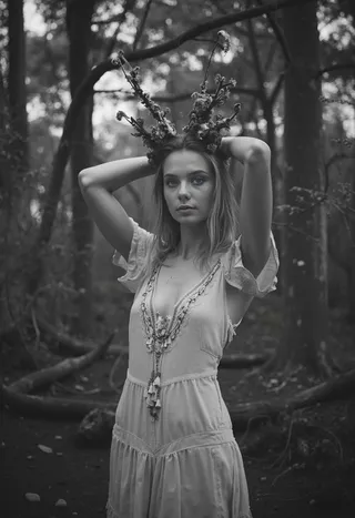 Black and white portrait of a young woman in a forest wearing natural antler-like adornments with soft, diffused lighting and shallow depth of field.