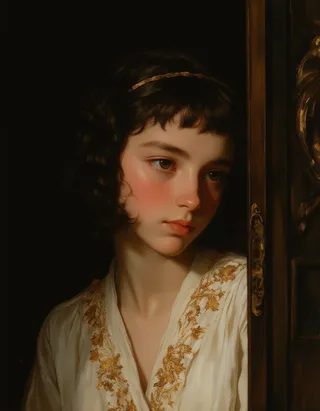 High-quality oil portrait of a young Cleopatra with a geometric bob and gold headband, peeking around a dark doorway, illuminated with Rembrandt lighting.