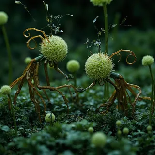 Close-up of animated sentient flowers with pale green round heads, glowing bioluminescent roots, and thin black crystal shards fighting in a nocturnal garden.