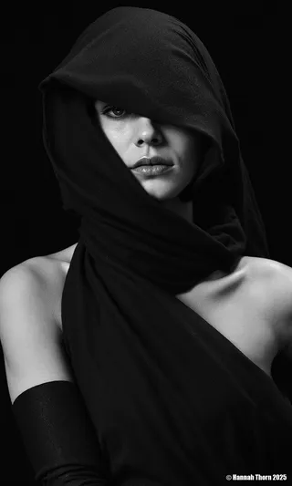 Black and white portrait of a female figure with eyes obscured by flowing black fabric, featuring glossy lips and dramatic chiaroscuro lighting.