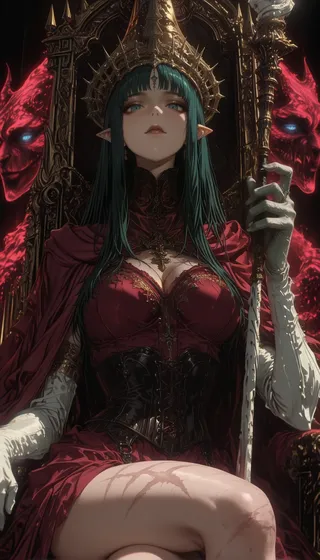 A dark fantasy sorceress elf with long dark green hair and blue eyes sits on an ornate golden throne holding a white staff. She wears a red cloak with gold-trimmed garments, white gloves, and a golden headdress. Her scarred thigh is visible, with two glowing red demon faces looming behind her.