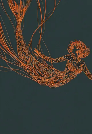 An artistic depiction of a mermaid floating underwater with intricate orange fractal patterns on her body and tail, set against a dark inverted background with flat design and triadic colors.