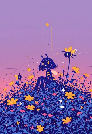 A flat vector illustration of a happy bumble-bee character with a smiling face, sitting amidst a colorful meadow of yellow and pink flowers under a purple gradient sky with cinematic particle effects.