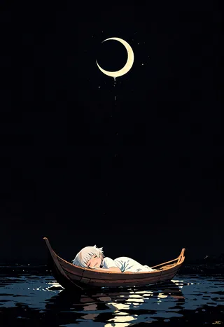 A girl with white hair sleeping soundly on a wooden boat floating on a lake at midnight under a crescent moon with soft moonlight reflections on the water in Sinozick style.