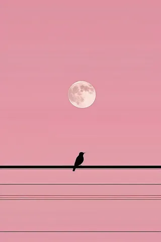 Silhouetted bird perched on an electric wire against a pink dusk sky with a visible full moon and minimal background elements.
