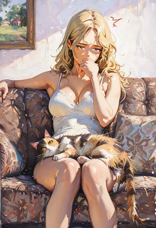 A blonde woman in a white dress sits on a patterned sofa with a brown and white cat on her lap, painted in impressionism style with visible brushstrokes.