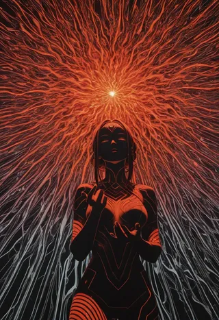 A seductive dark-skinned goddess of sin stands front and center with a glowing fractal halo radiating above her head in an inverted background with neon and triadic color scheme.