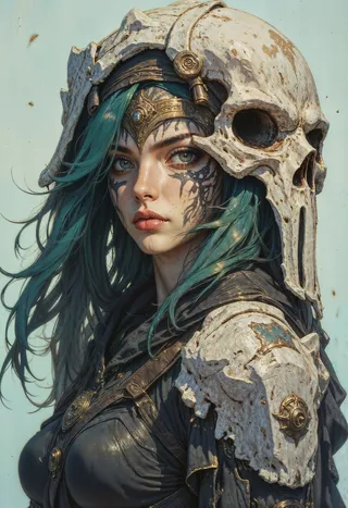 Highly detailed CGI portrait of a warrior woman with teal hair, intricate tribal tattoos on her face, wearing a large skull helmet and rugged armor against a light blue background.