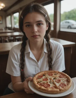 A young girl with brown hair in twin braids and hairclips holding a pizza on a white plate, sitting in a casual restaurant setting.