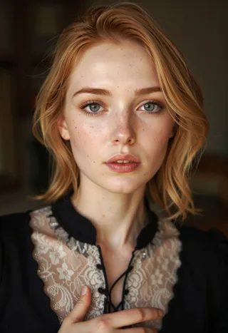 Close-up high resolution portrait of a young woman with natural freckles and detailed eyes, wearing a lace-adorned black top, softly lit with natural light.
