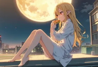 Anime girl with long blonde hair and red eyes sitting barefoot on a rooftop edge at night, eating pizza with a full moon and cityscape in the background.
