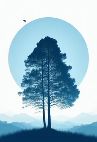 A stylized silhouette of a pine tree on a hill against a large light blue circular gradient sky with a single small dark firefly flying near the top left of the circle.