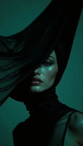 A captivating female portrait with her eyes partially covered by flowing black fabric against a turquoise background, illuminated with dramatic chiaroscuro lighting.