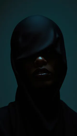 A dramatic female portrait with a dark fabric covering her eyes, highlighting glossy dark lips and nose, set against a turquoise background with chiaroscuro lighting.