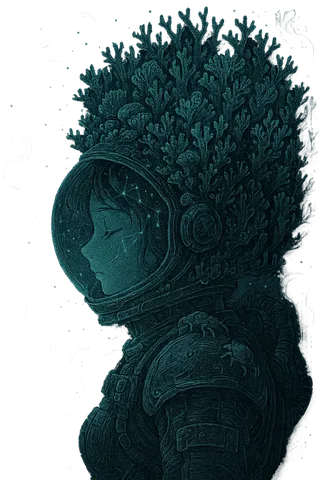 Side-profile of an astronaut girl underwater, wearing a helmet adorned with detailed bioluminescent coral and small crustaceans, with star maps glowing inside her visor against a deep abyssal blue background.