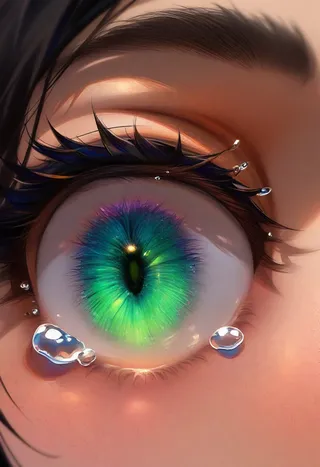 Close-up of a green eye with glowing tears, detailed eyelashes and freckles visible on the skin.