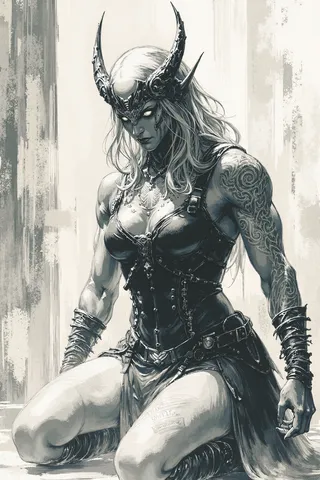 뿔 달린 헬멧과 문신, 복잡한 무늬가 장식된 가죽 갑옷을 입고 무릎을 꿇은 근육질 여성 서큐버스의 흑백 세밀 잉크 일러스트.