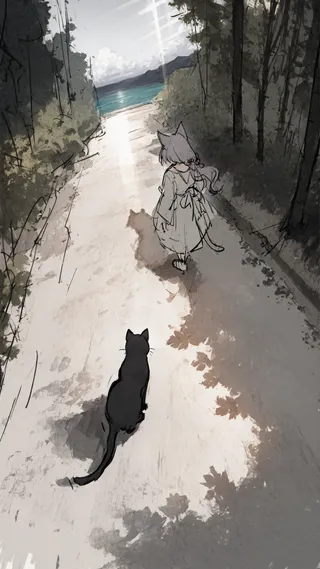 A sketch-style image showing a cat girl walking along a sunlit forest path with a black cat following behind, overlooking a distant horizon by the sea.