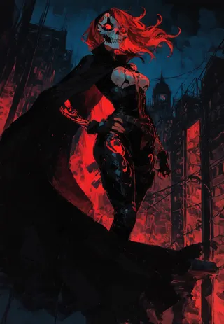 Super villain with long red hair and white skull mask stands proudly on a ledge at night, wearing an ornate black bodysuit and flowing black cape in a dramatic cityscape illuminated by red light.