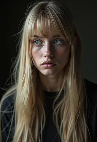 Portrait of a young blond woman with big blue eyes and long straight hair, looking slightly downward against a dark background with soft, dramatic lighting and a contemplative expression.