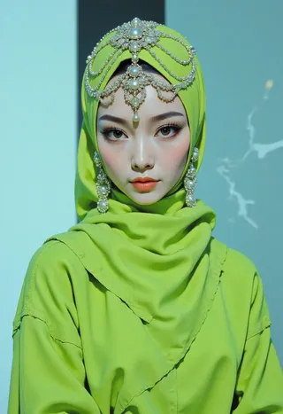 Portrait of woman wearing a fluorescent green hijab adorned with an elaborate silver metallic headpiece with cascading beads, soft lighting highlighting her flawless pale skin and calm expression against a modern electric blue tinted background.