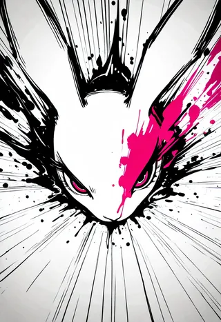Dynamic ink-style illustration of a rabbit viewed from above with foreshortening perspective, featuring black ink splashes and bright magenta color accents.