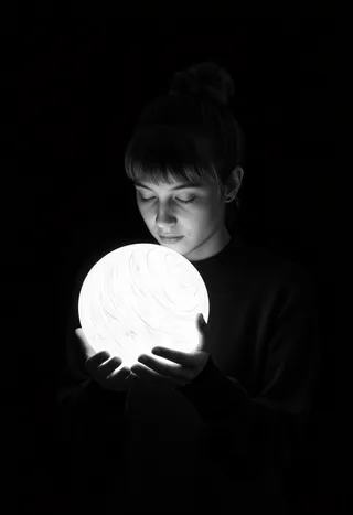 Black and white photo of a young woman with eyes closed holding a glowing spherical object with swirling patterns against a dark background.