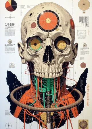 Detailed digital illustration of a skull with neon green and orange circuits, surrounded by technical diagrams and scientific inscriptions on a light background.