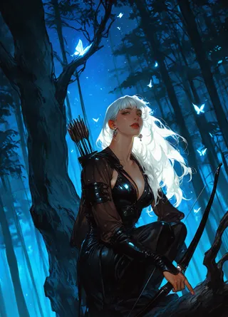 A fantasy scene featuring a white-haired woman archer in black leather armor crouching on a tree branch at night in a glowing forest illuminated by moonlight and glowing butterflies.