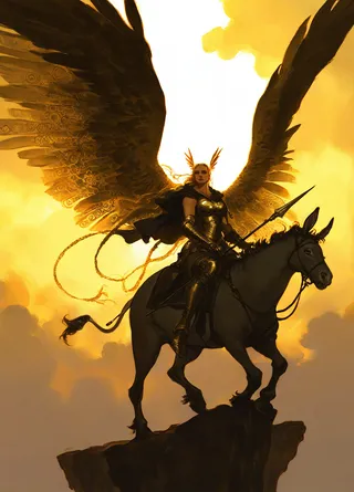 A Valkyrie clad in Nordic armor with huge wings soars in golden celestial light, riding a dark horse atop a rocky cliff, holding a spear.