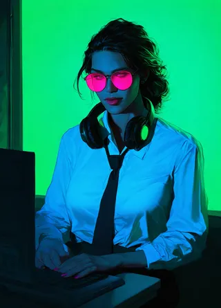 Semi-realistic cyberpunk girl with long dark hair wearing pink-tinted glasses and headphones around her neck, sitting at a retro computer in a dimly lit room bathed in green neon light.