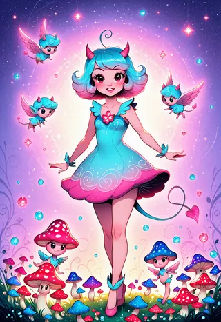 A cherub-imp hybrid girl with blue-pink hair, tiny red horns, and a forked tail standing in a glowing whimsical garden surrounded by colorful winged mushrooms and floating crystals.
