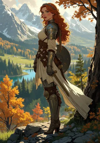 Fantasy redhead warrior with curly ginger hair and silver armor standing on a rocky hill surrounded by bright autumn trees and mountains.